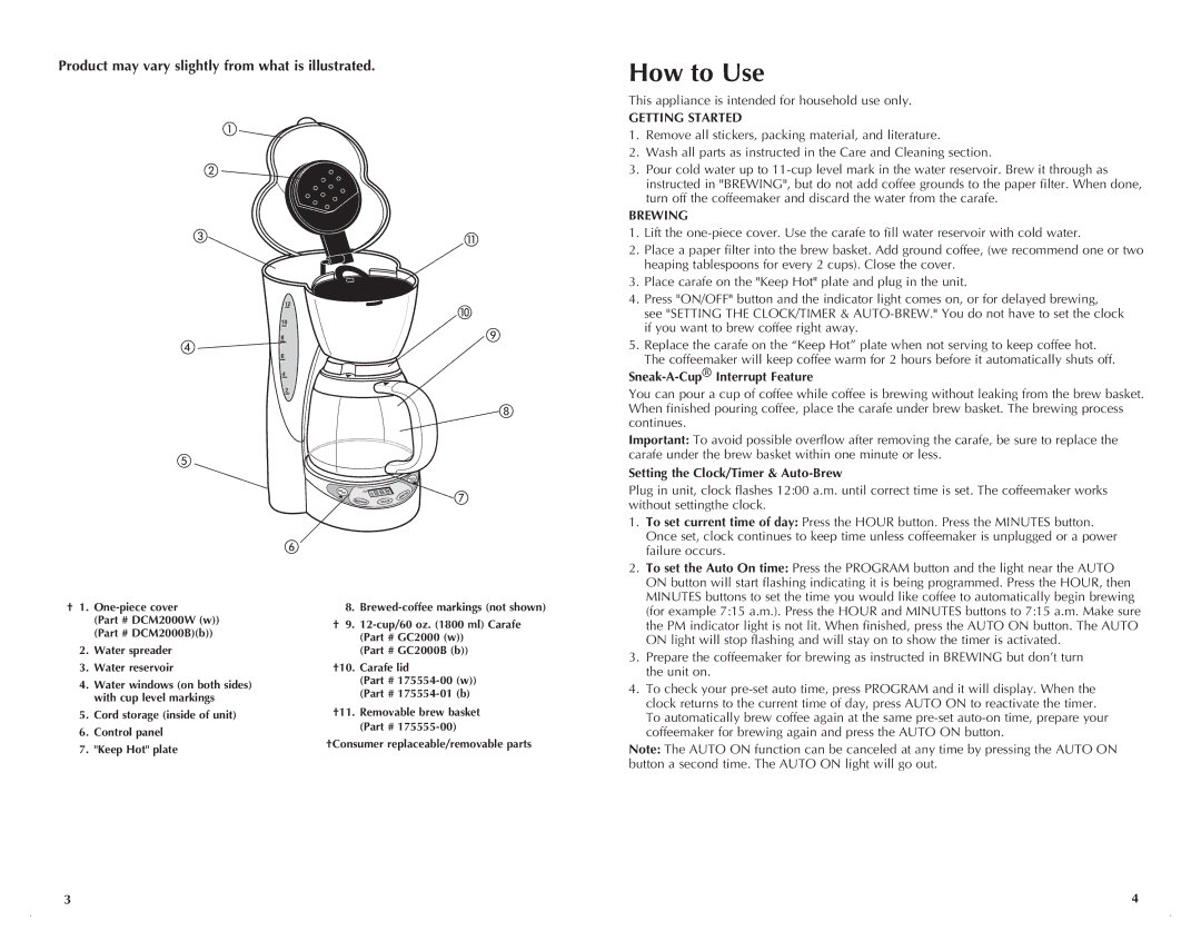 Black & Decker DCM2500B, DCM2500K manual How to Use, Product may vary slightly from what is illustrated, Brewing 